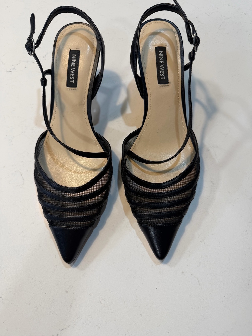 Nine West Black Pointed Mesh Strappy Slingback Heels